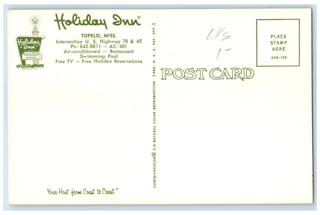 c1960's Holiday Inn Exterior Pool Scene Tupelo Mississippi MS Unposted Postcard