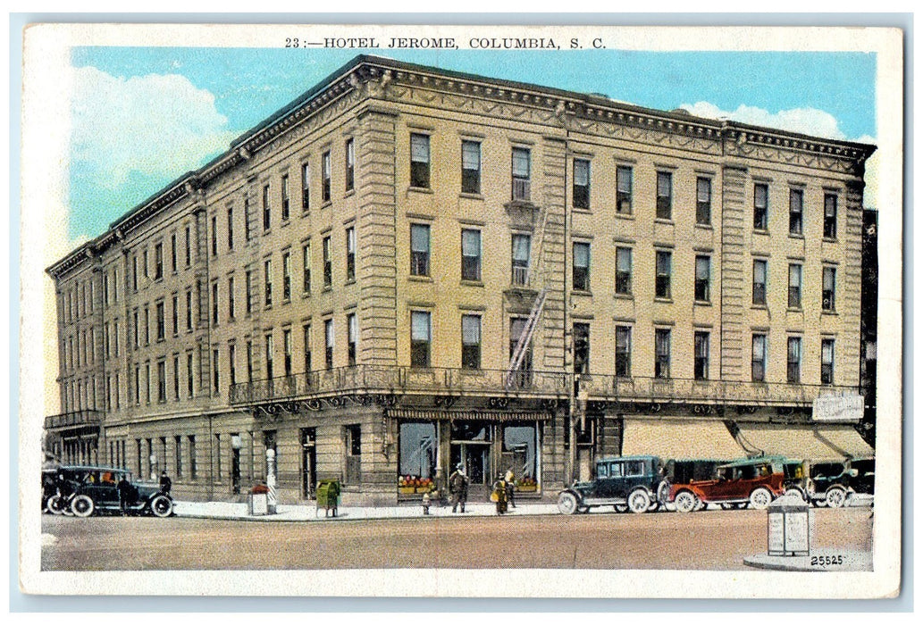 c1920's Hotel Jerome Exterior Columbia South Carolina SC Unposted Cars Postcard