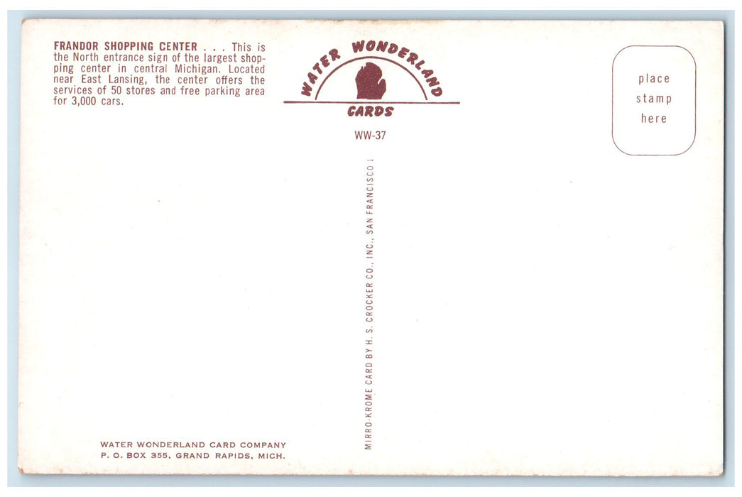 c1950 Frandor Shopping Center Market Car Park East Lansing Michigan MI Postcard