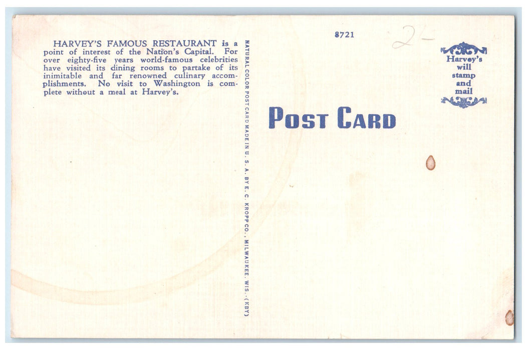 c1940's Harvey's Famous Restaurant Exterior Washington DC Unposted Postcard