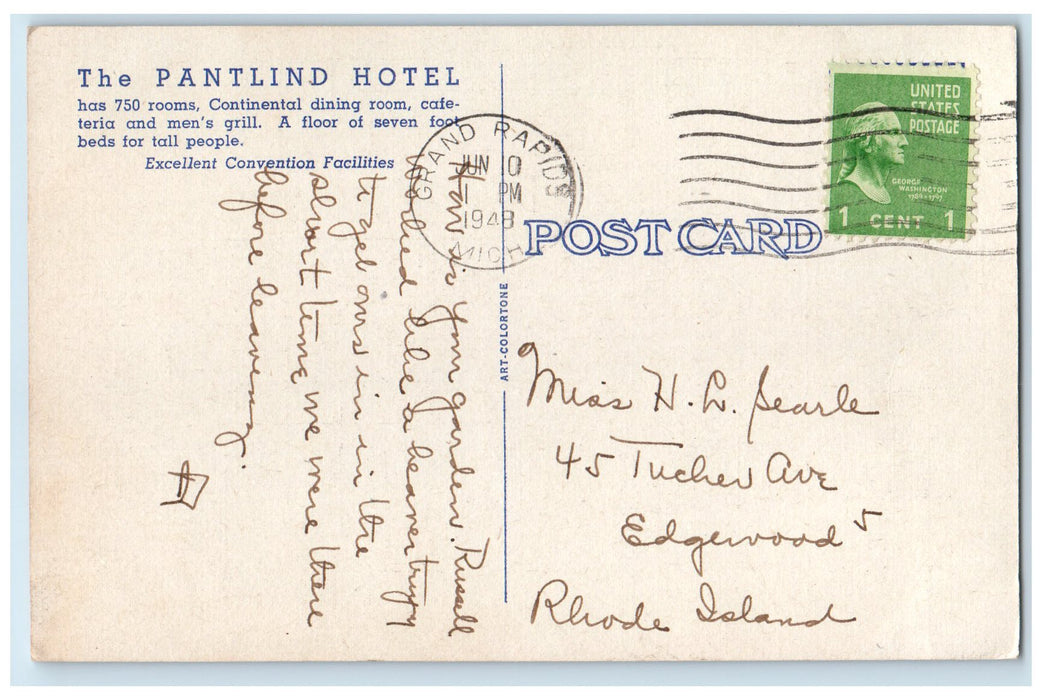 1948 Patlind Hotel Grand Building Restaurant Cars Rapids Michigan MI Postcard