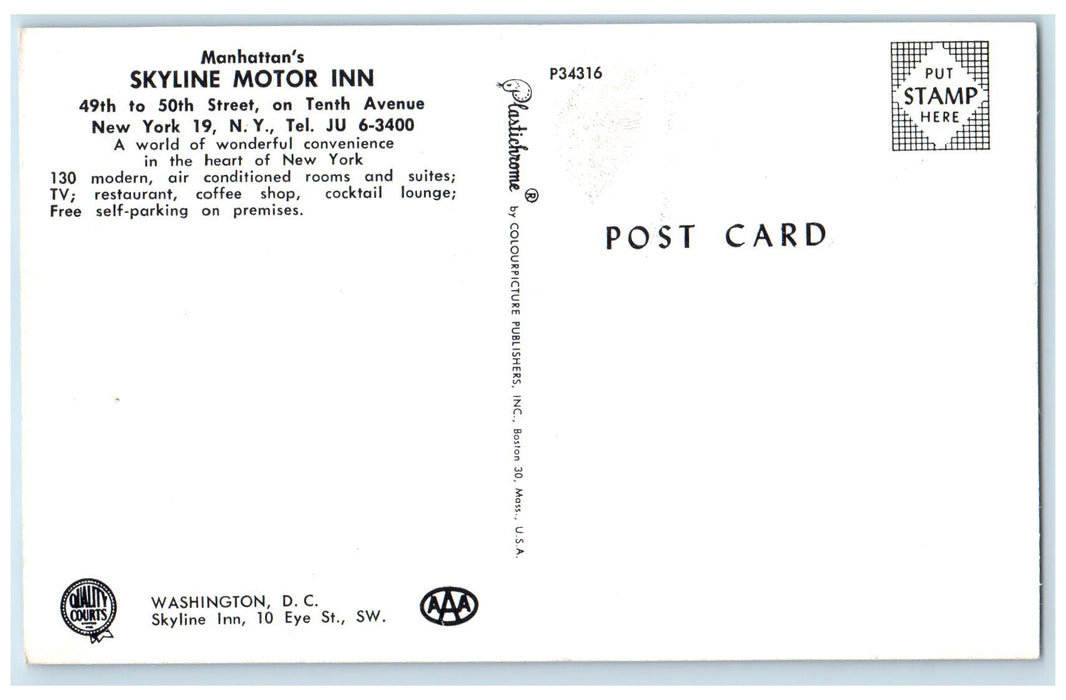 c1960's Manhattan's Skyline Motor Inn New York City New York NY Cars Postcard