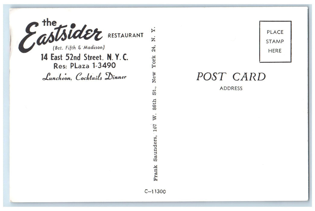 c1960's The Eastsider Restaurant Interior New York City New York NY Postcard