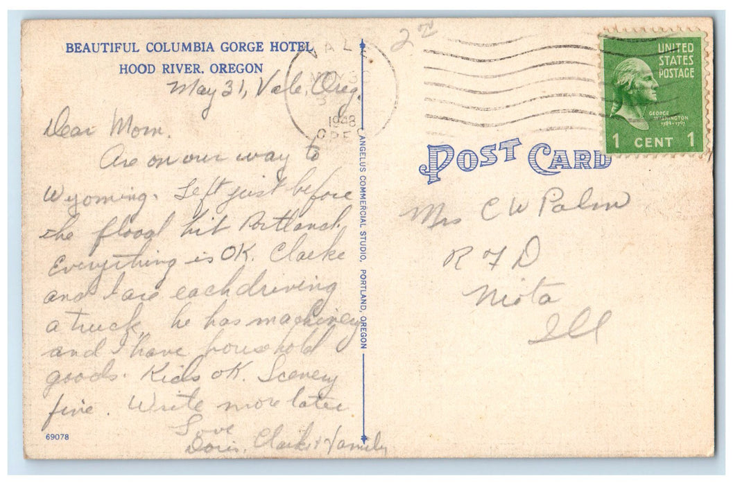 1948 Columbia Gorge Hotel & Restaurant Pond Garden Hood River Oregon OR Postcard