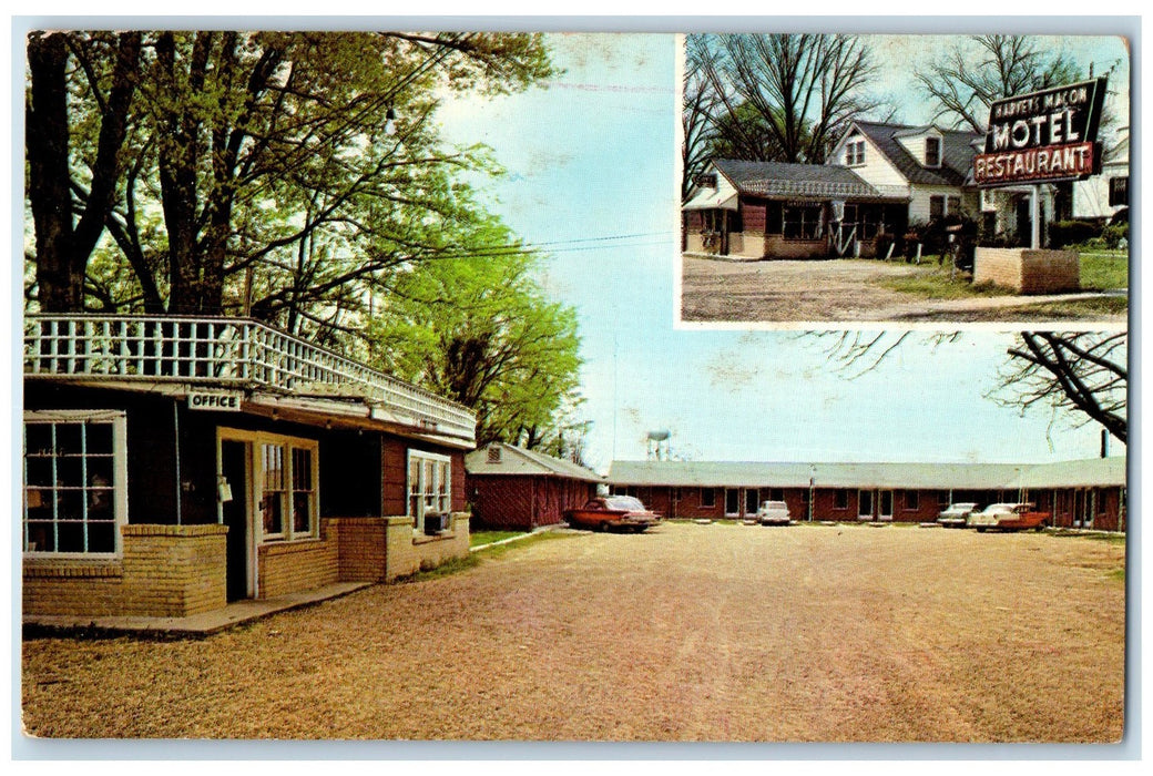 1961 Harvey's Macon Motel & Restaurant Cottage Car Macon Mississippi MS Postcard