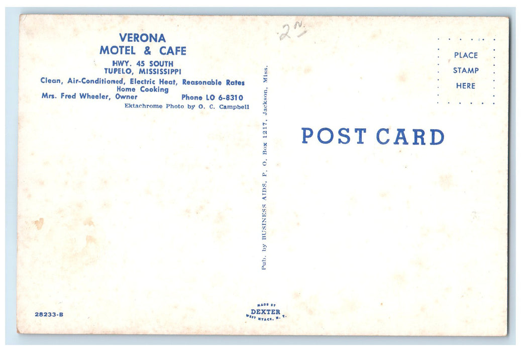 c1950's Verona Motel & Cafe Restaurant Rooms Cars Tupelo Mississippi MS Postcard