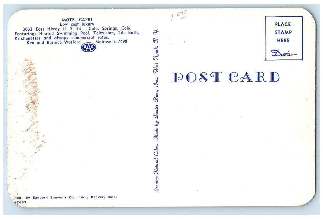 c1950's Motel Capri & Restaurant Roadside Colorado Springs Colorado CO Postcard