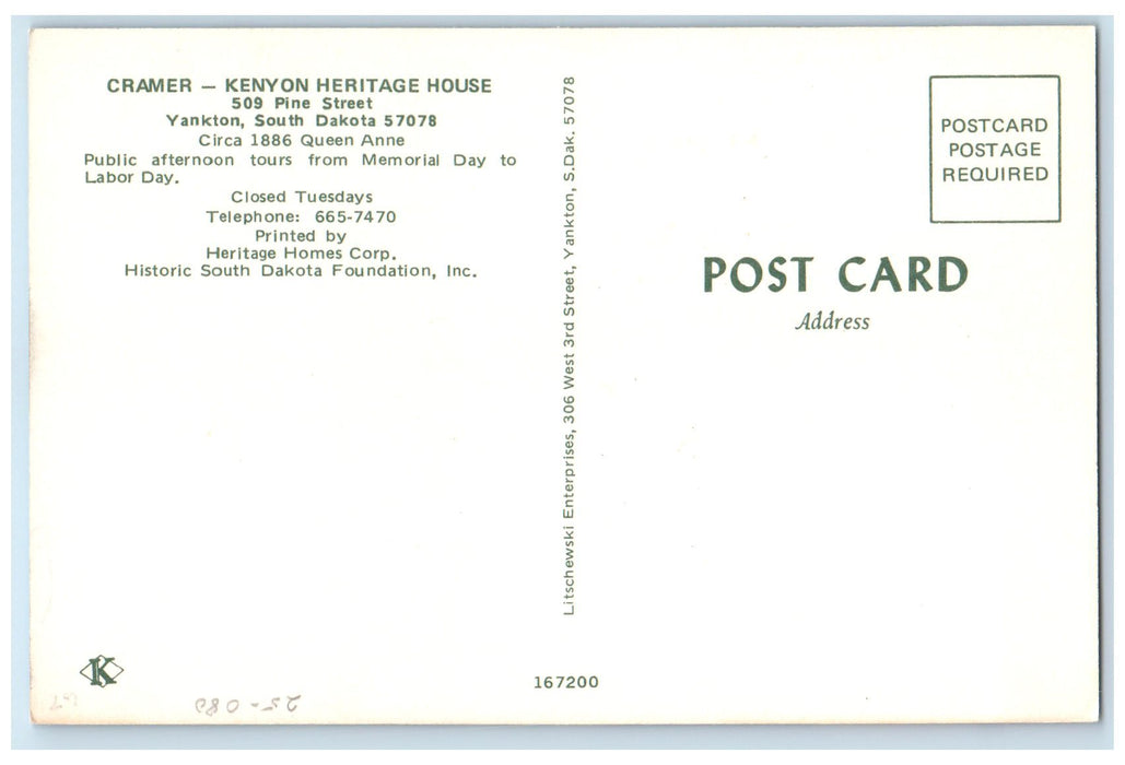 c1960's Cramer Kenyon Heritage House Yankton South Dakota SD Unposted Postcard