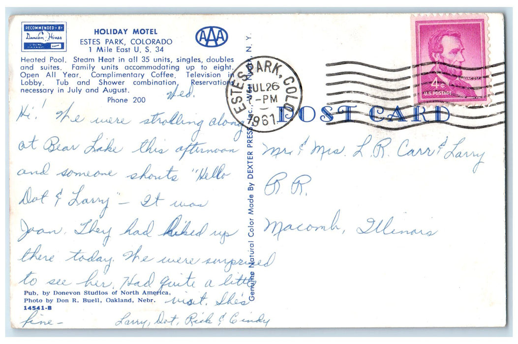 1961 Holiday Motel & Restaurant Multiview Estes Park Colorado CO Posted Postcard