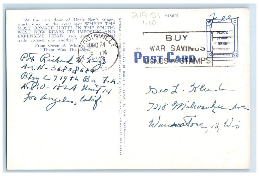 1943 Hotel Paso Del Norte Exterior Roadside El Paso Texas TE Unposted Postcard
