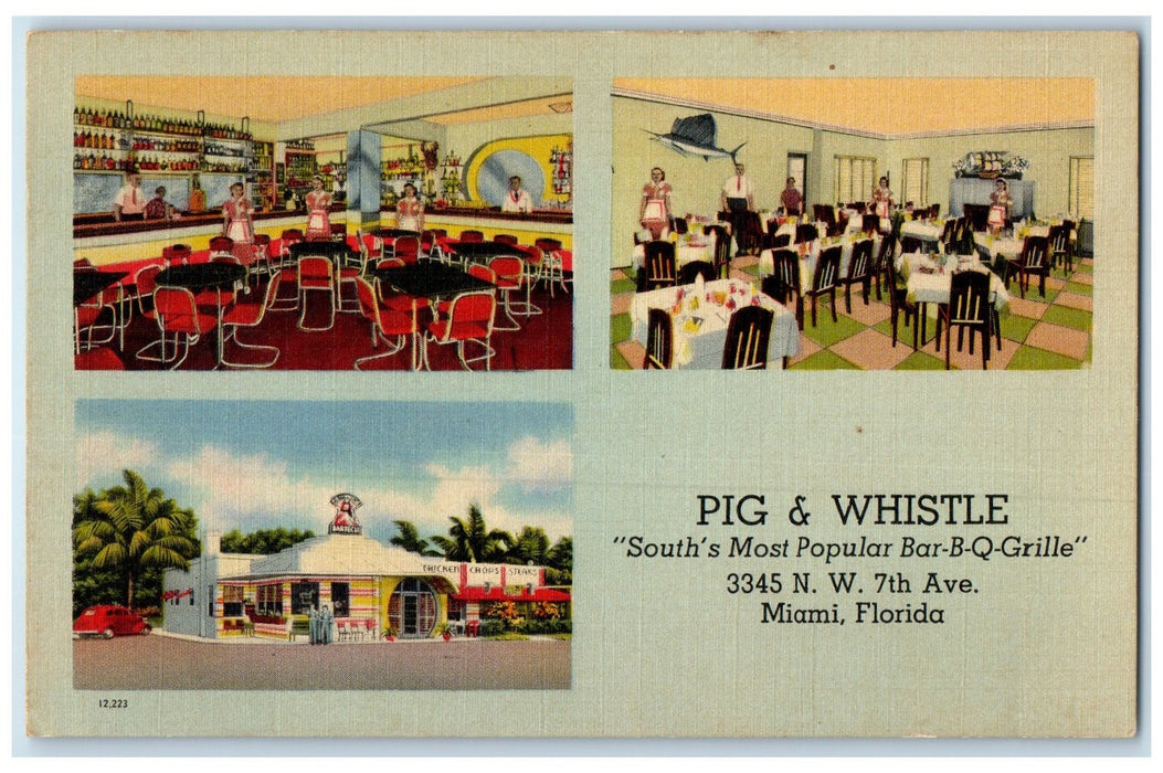 c1940's Pig & Whistle South Popular Bar-BQ Grille Restaurant Miami FL Postcard
