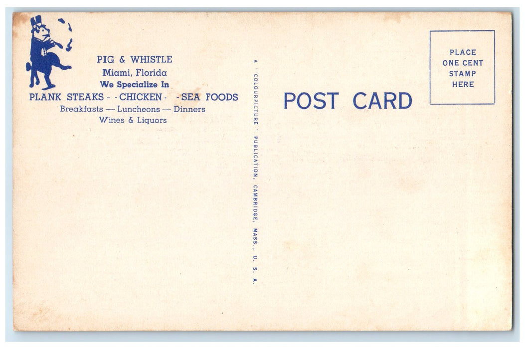 c1940's Pig & Whistle South Popular Bar-BQ Grille Restaurant Miami FL Postcard