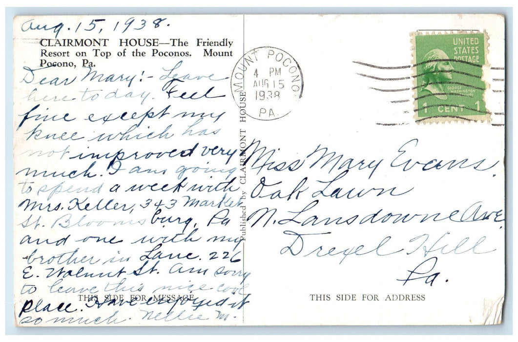 1938 Clairmont House Exterior Scene Mount Pocono Pennsylvania PA Posted Postcard