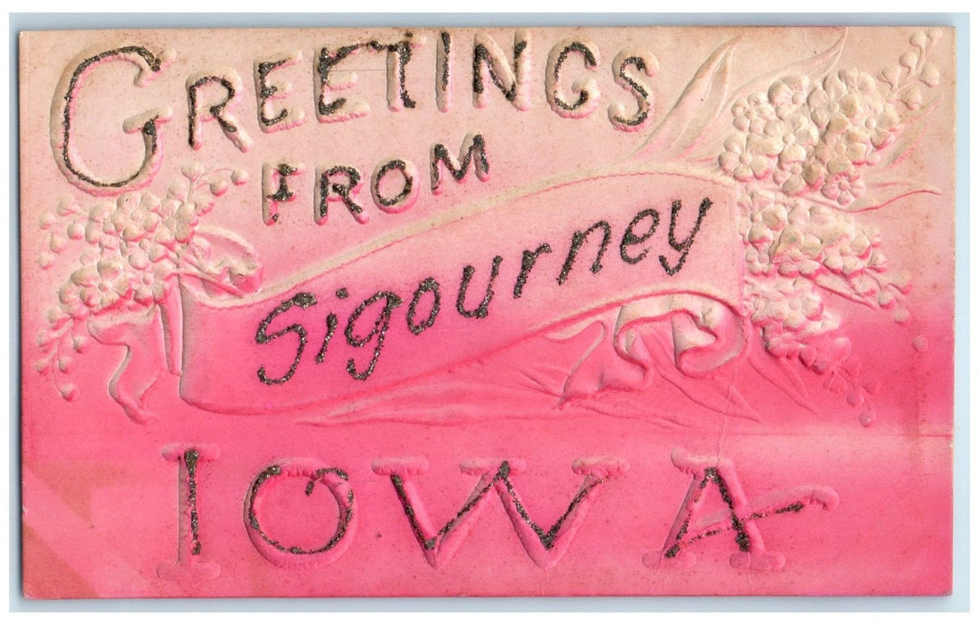 c1950's Greetings From Sigourney Sash Flowers Iowa IA Embossed Unposted Postcard