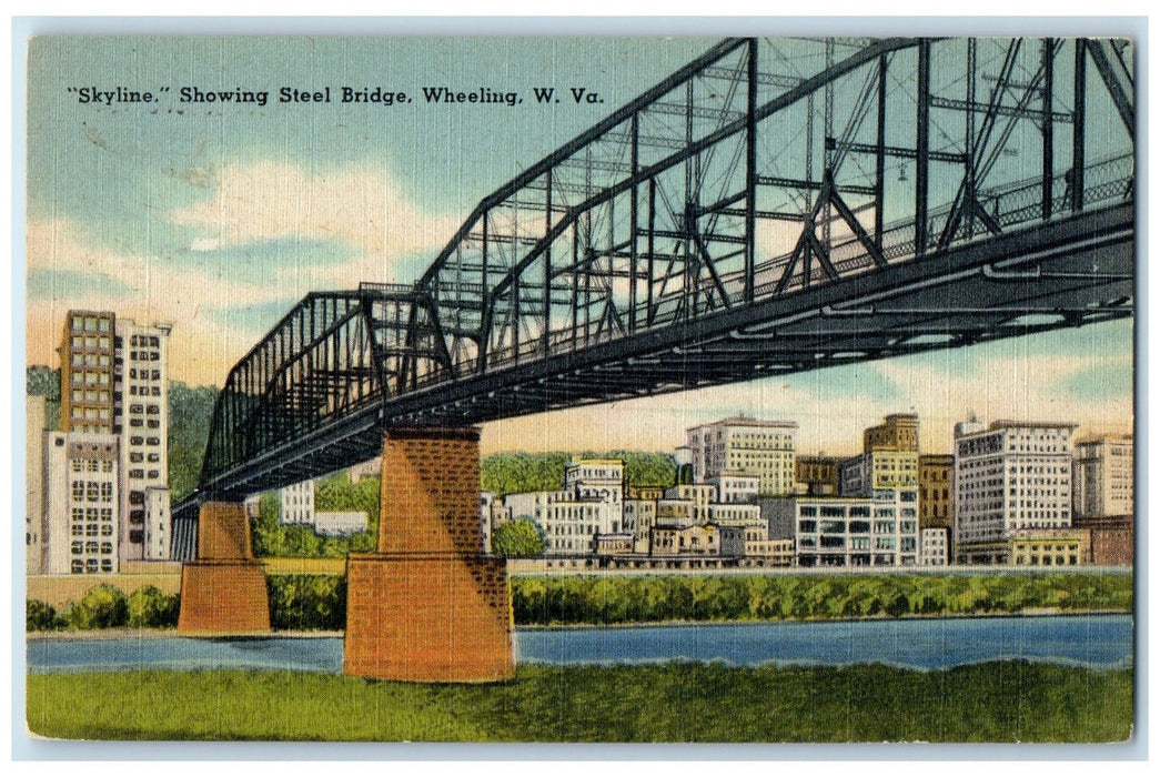 c1940's Skyline Showing Truss Steel Bridge Wheeling West Virginia WV Postcard