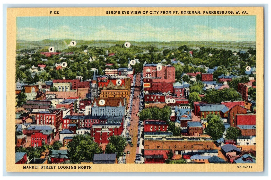 c1940's Birds Eye View Market Street View Parkersburg West Virginia WV Postcard