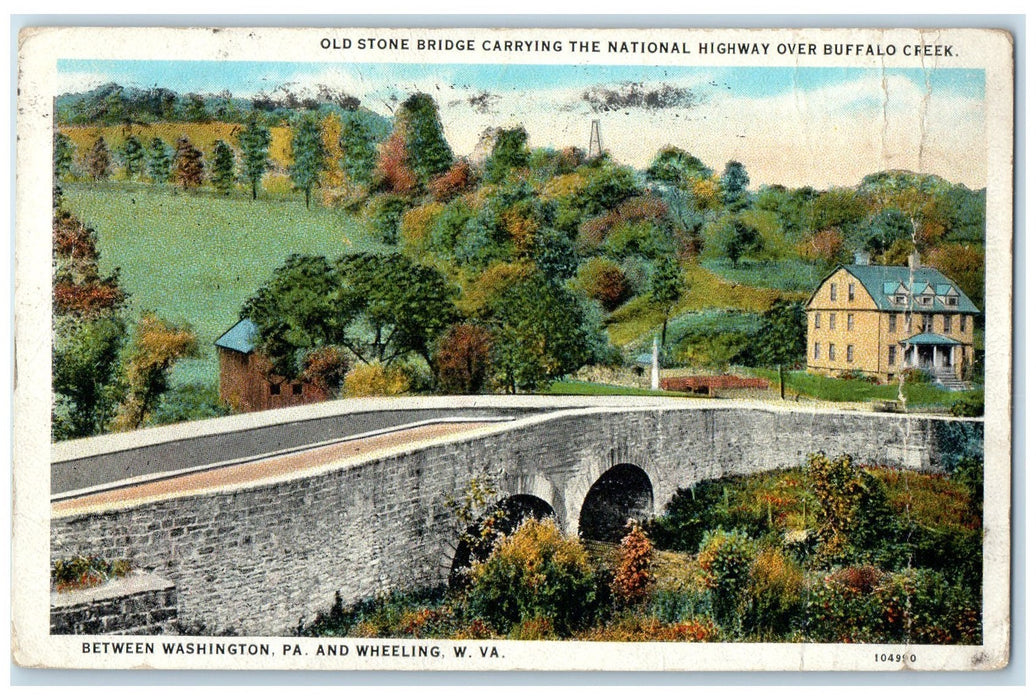 1927 Old Stone Bridge National Highway Creek Wheeling West Virginia WV Postcard