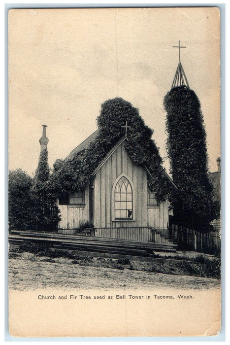 c1905 Church And Fir Tree Used As Bell Tower View Tacoma Washington WA Postcard