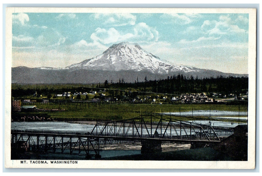 c1920 Truss Bridge Lake River Grove Snowcapped Mt. Tacoma Washington WA Postcard