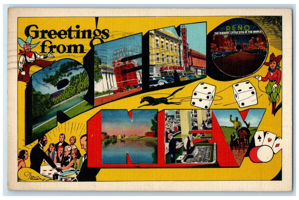 1945 Greetings From Reno Multiview Casino Gambling Cards Dice Nevada NV Postcard