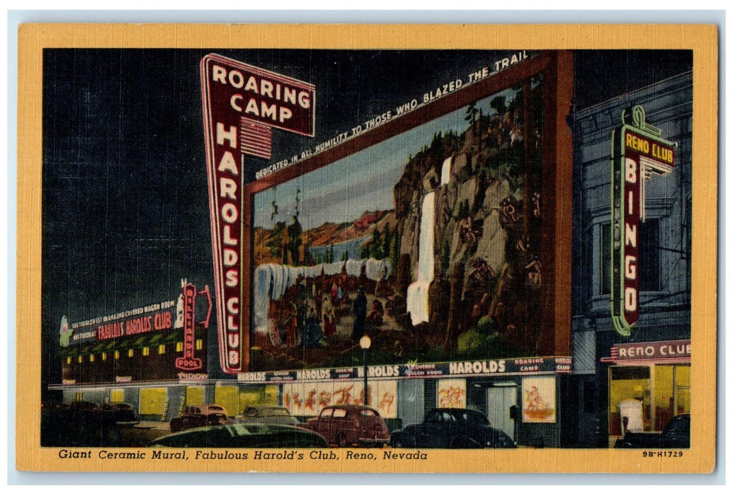 c1940 Giant Ceramic Mural Fabulous Harolds Club At Night Reno Nevada NV Postcard