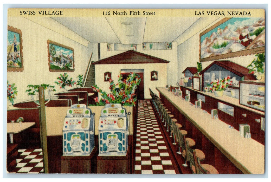 c1950 Swiss Village Restaurant Bar Dining Interior Las Vegas Nevada NV Postcard