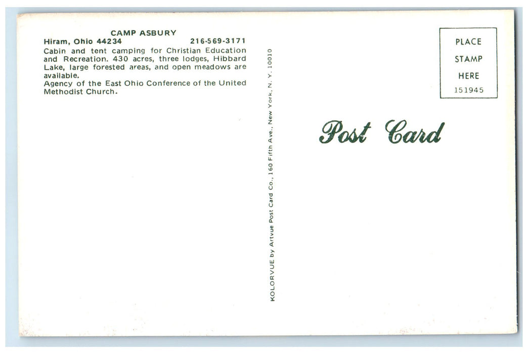 c1950's Camp Asbury Cabin & Tent Camping Christian Education Hiram OH Postcard