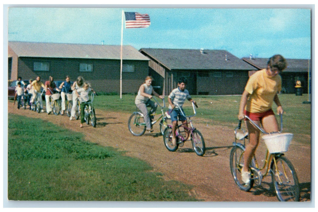 c1950 J Bar J Ranch Summer Camp Kids Biking Cottage Camp Sealy Texas TX Postcard