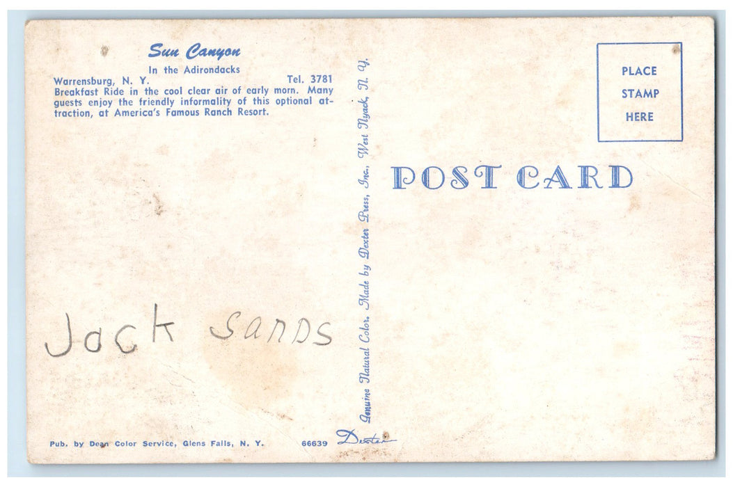 c1950's Sun Canyon In The Adirondacks Breakfast Warrensburg New York NY Postcard