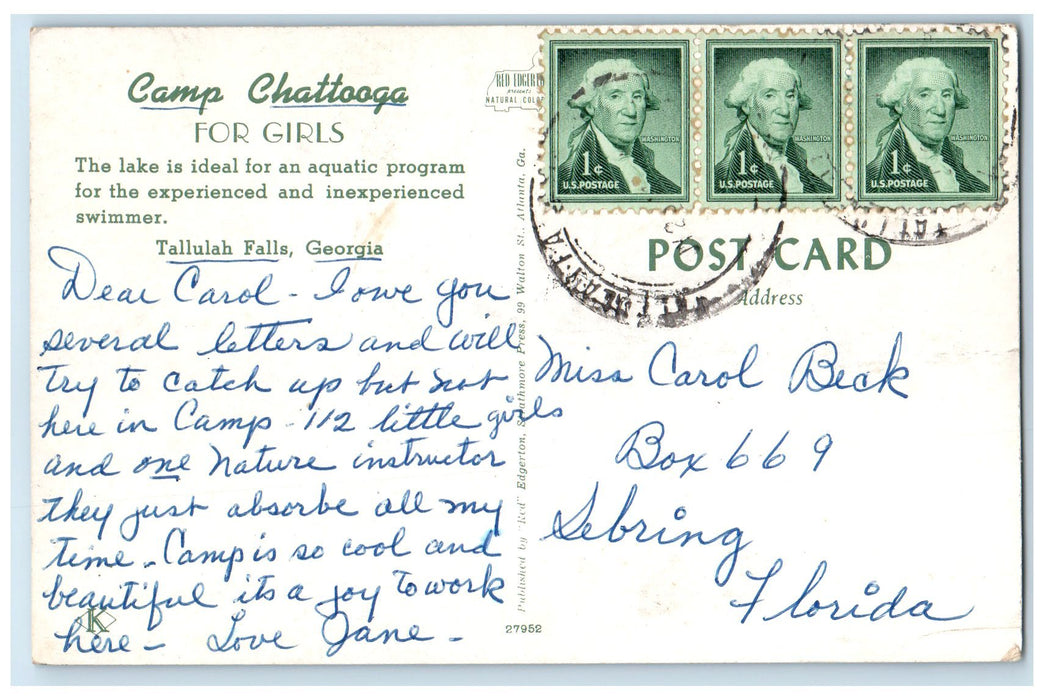 c1950 Camp Chattooga For Girl Bathing Boating Tallulah Falls Georgia GA Postcard