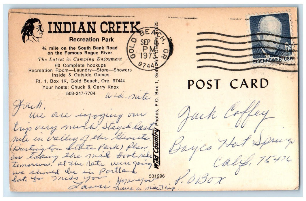 1973 Indian Creek Recreation Park Camping Site Gold Beach Oregon OR Postcard