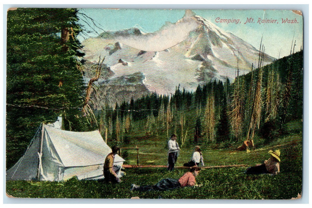 1909 Camping Tent Group Of Young Snowcapped Mt. Rainier Washington WA Postcard