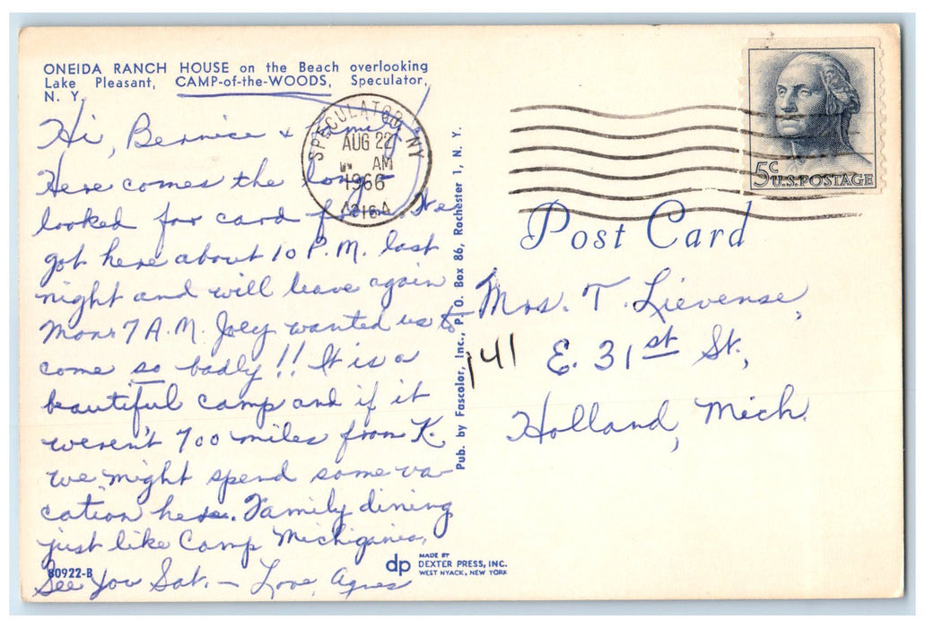 1966 Oneida Ranch House On Beach Camp On Woods Speculator New York NY Postcard