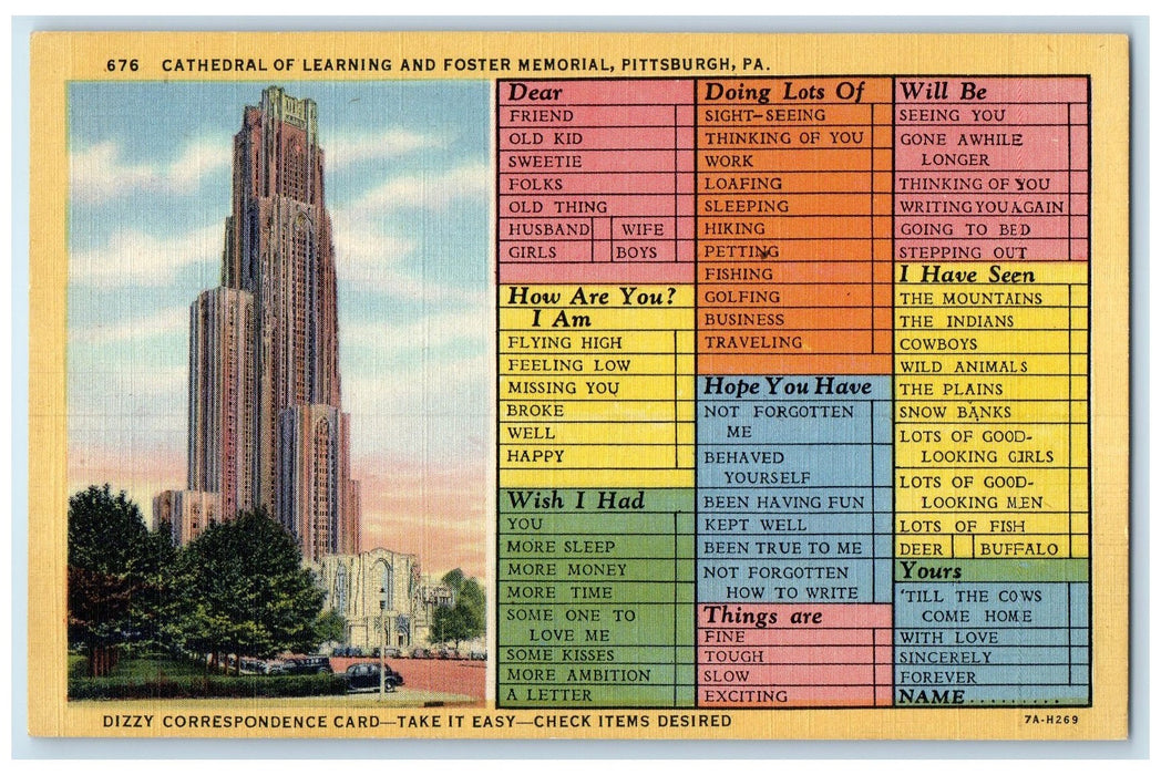 c1940 Cathedral Of Learning Foster Memorial Pittsburgh Pennsylvania PA Postcard