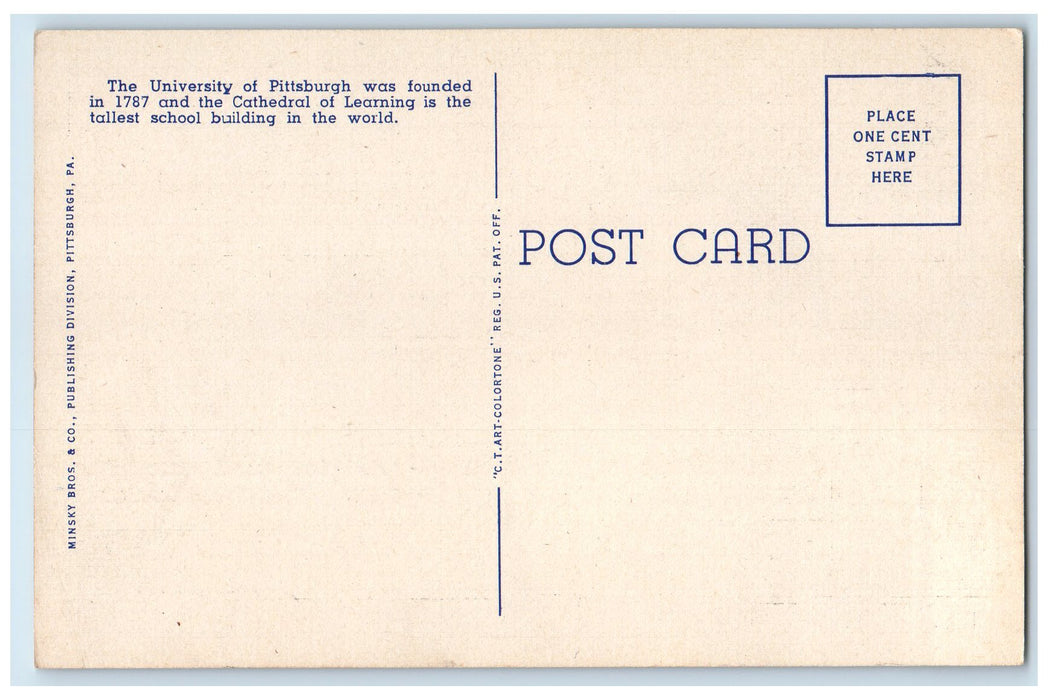 c1940 Cathedral Of Learning Foster Memorial Pittsburgh Pennsylvania PA Postcard
