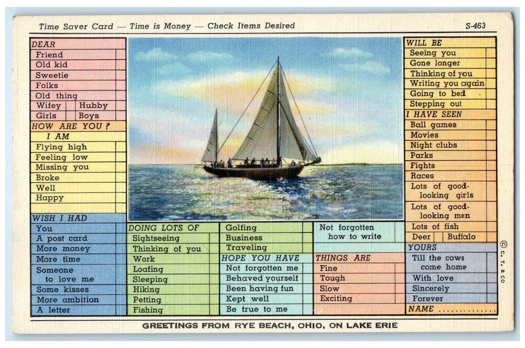 c1940 Greetings From Rye Beach On Lake Erie Sailboat Guide Card Ohio OH Postcard