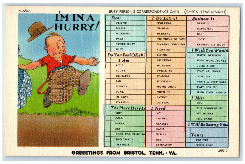 c1940 Greetings From Bristol I'm In Hurry Cartoon Tennessee Virginia VA Postcard