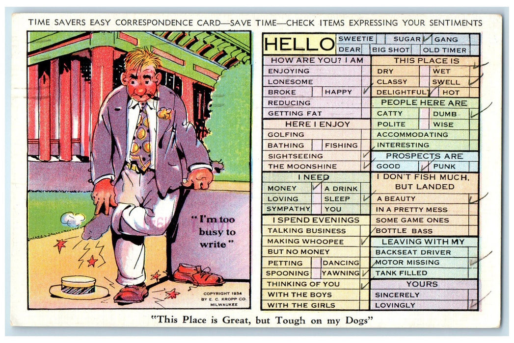 1940's This Place Is Great But Tough Of My Dogs Cartoon Illustration Postcard