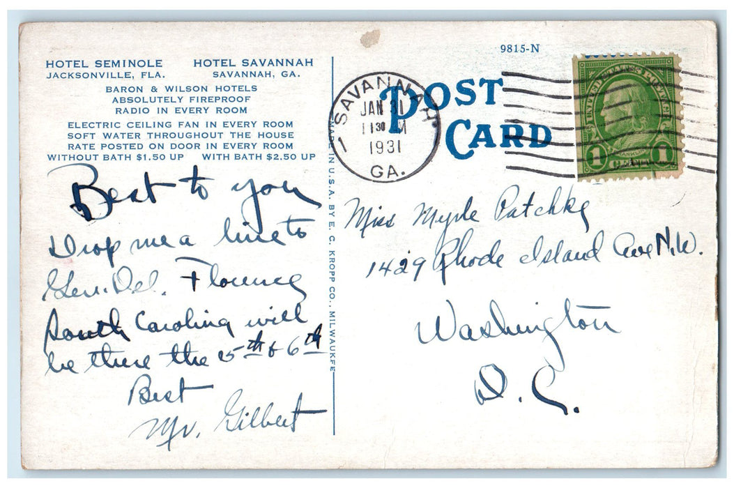 1931 Hotel Seminole Jacksonville FL & Hotel Savannah GA Advertising Postcard