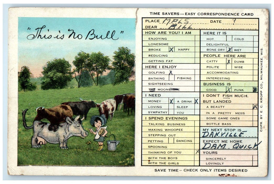 c1920 This Is No Bull Group Of Cows Milking Ready Cartoon Illustration Postcard
