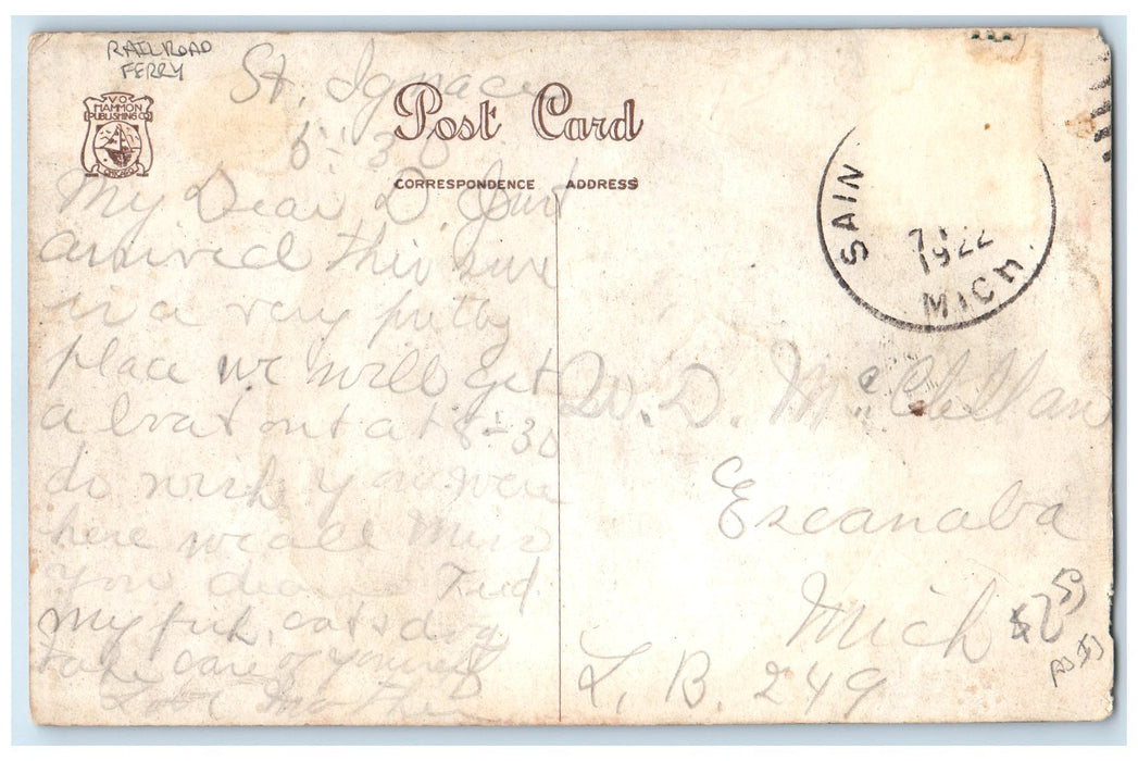 1922 Car Ferry Chief Wawatam Crossing Straits Of Mackinaw St. Ignace MI Postcard