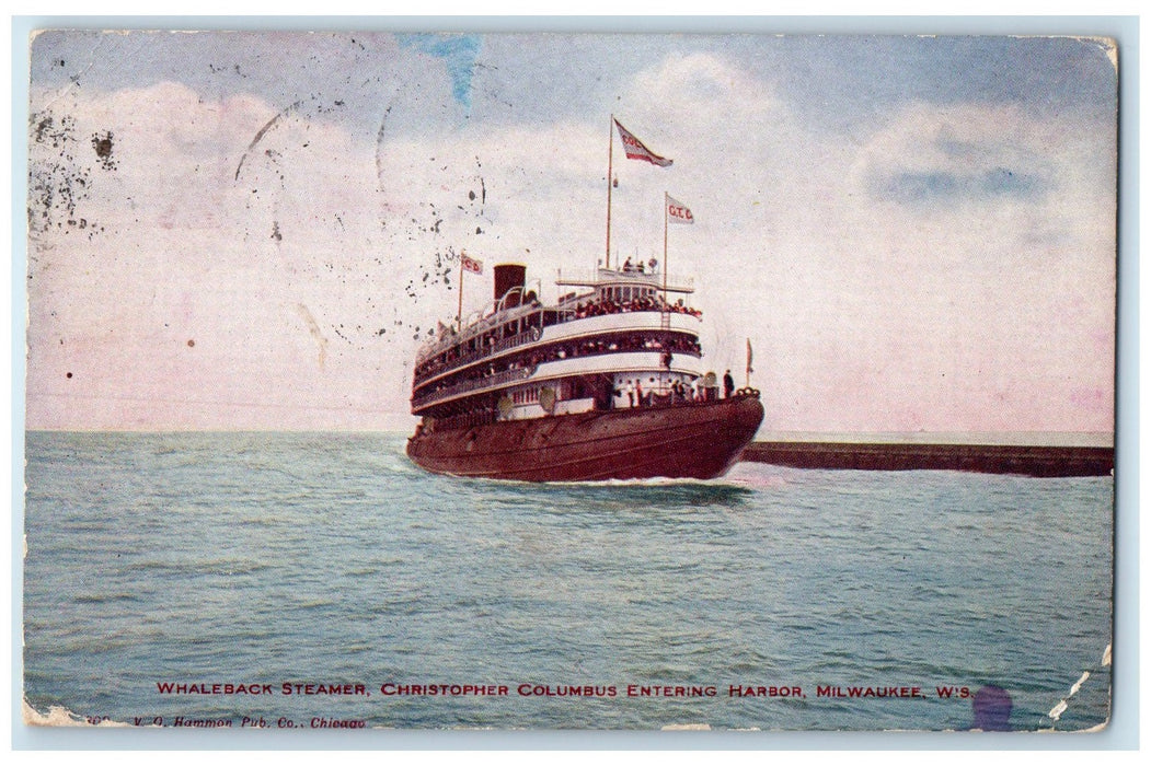 1908 Whaleback Str. Christopher Columbus Entering Harbor Milwaukee WI Postcard