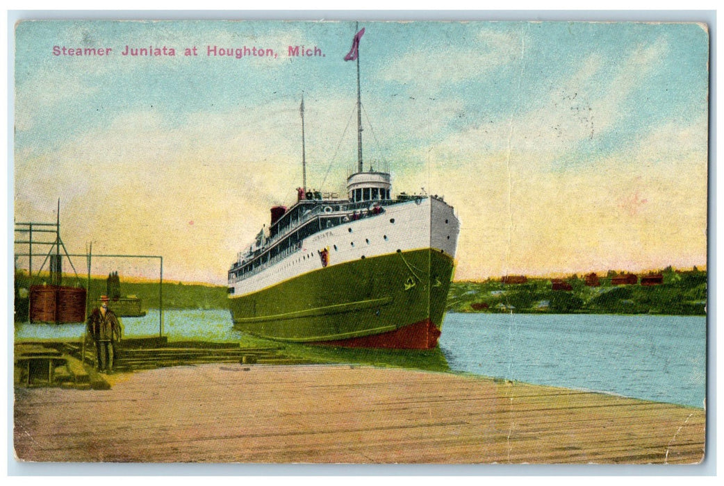 1919 Scene Of Steamer Juniata At Houghton Michigan MI Unposted Vintage Postcard