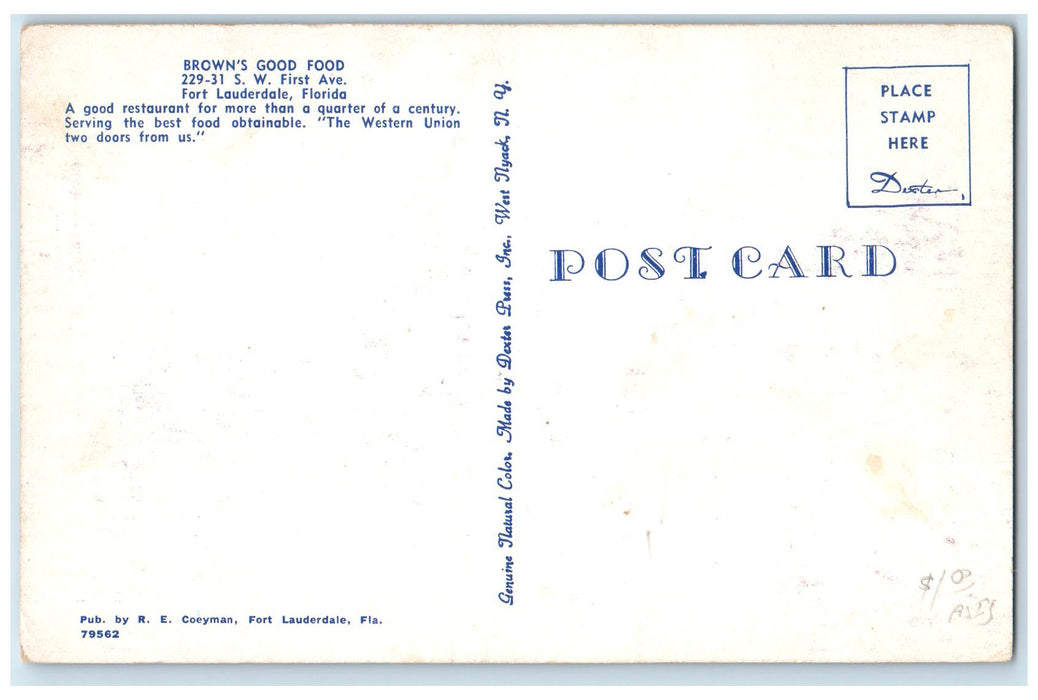 c1950 Brown's Good Food Restaurant Entrance Fort Lauderdale Florida FL Postcard