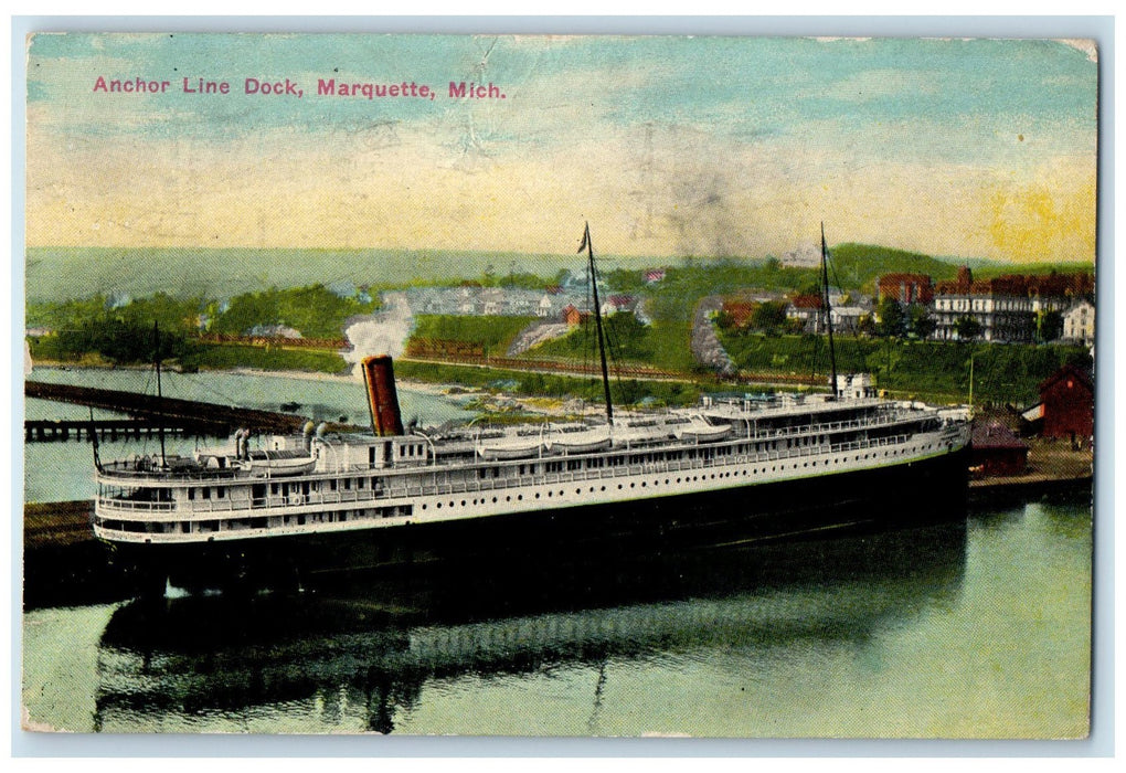 1916 Scene Of Anchor Line Dock Marquette Michigan MI Posted Escanaba MI Postcard