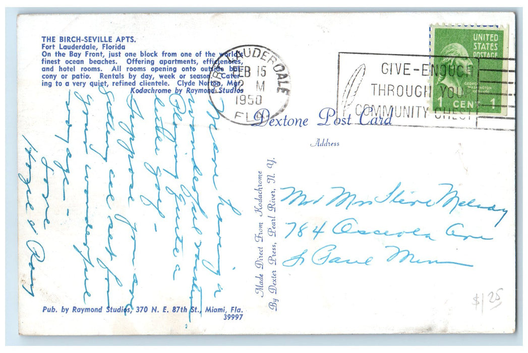 1950 The Birch Seville Apartments Restaurant Fort Lauderdale Florida FL Postcard