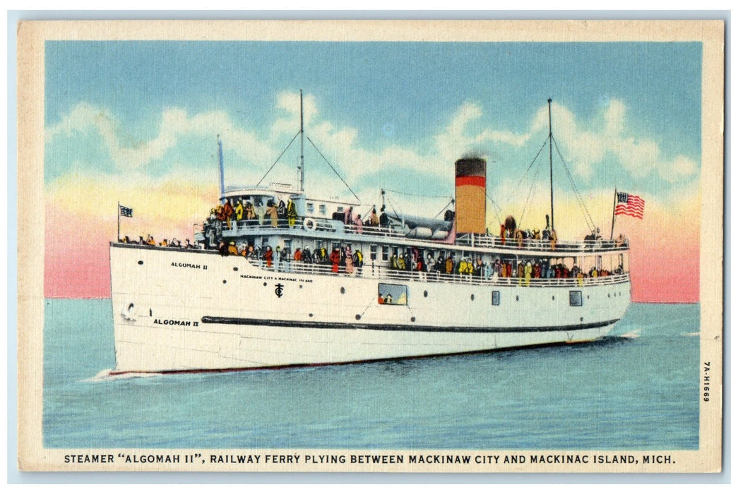 c1940's Steamer Algomah II Railway Ferry Plying Mackinaw & Mackinac MI Postcard