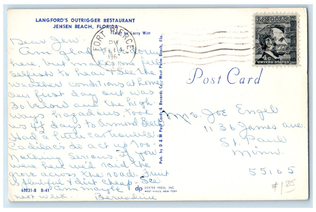 1962 Langfords Outrigger Restaurant Shady Trees Jensen Beach Florida FL Postcard