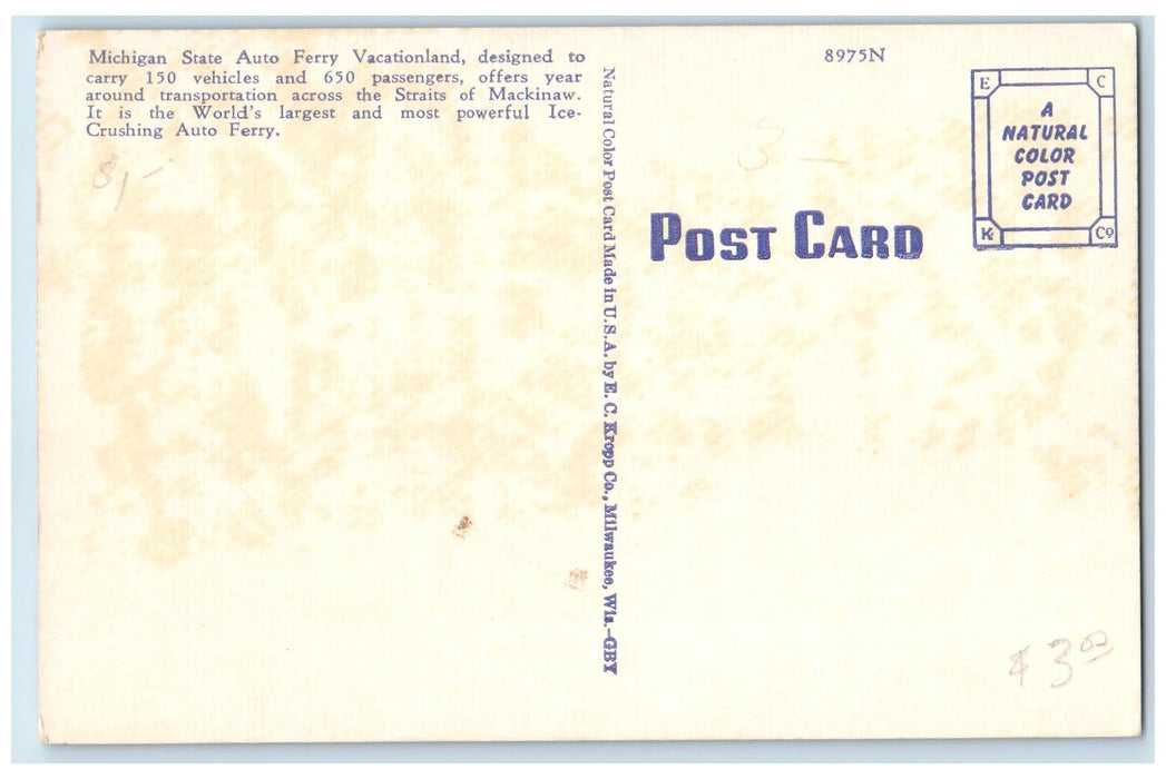 c1940's State Auto Ferry Vacationland Straits Of Mackinaw MI Unposted Postcard