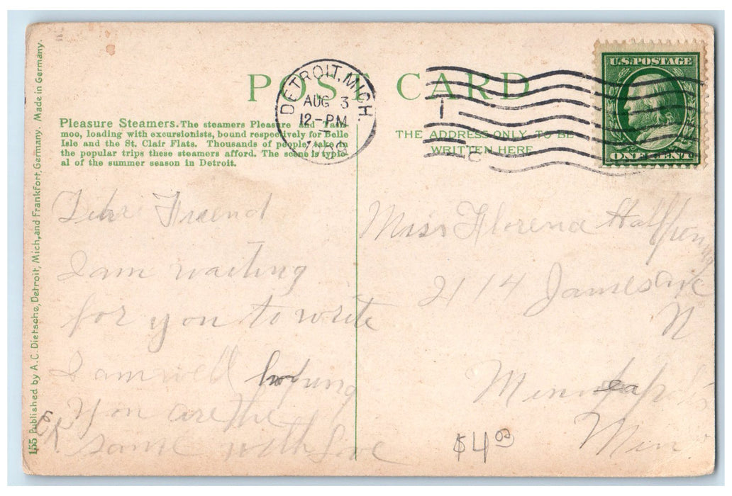 1909 Pleasure Steamers & Tashmoo Loading With Excursionists Detroit MI Postcard